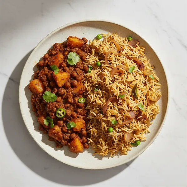 Raseele Kala Channa And Aloo With Tempered Onion Pilaf